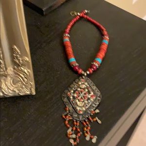 necklace in coral and turquoise blue